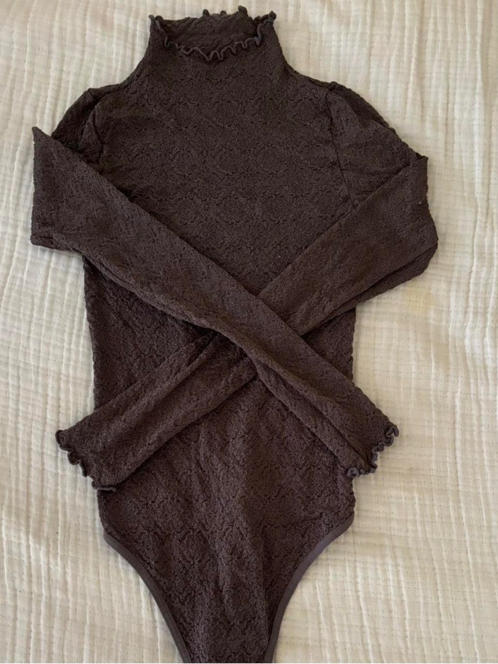 Free People Lettuce Edge Soft Long Sleeve Mock Neck Bodysuit - Taupe